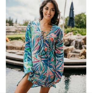 La Blanca Swim Palm Opulence  Long Sleeve Tunic Swinwear Cover Up Size Medium